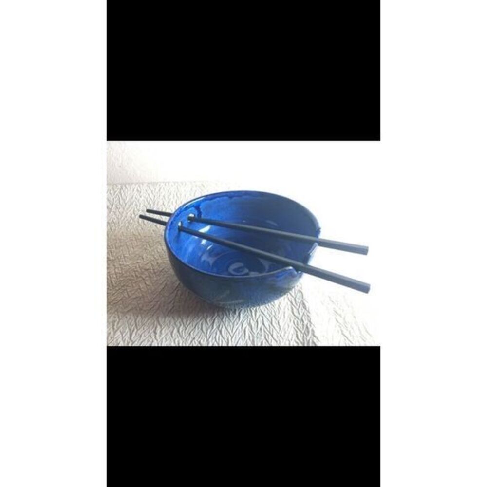 Handmade‎ pottery: blue bowl, ready for chopsticks (signed Sony